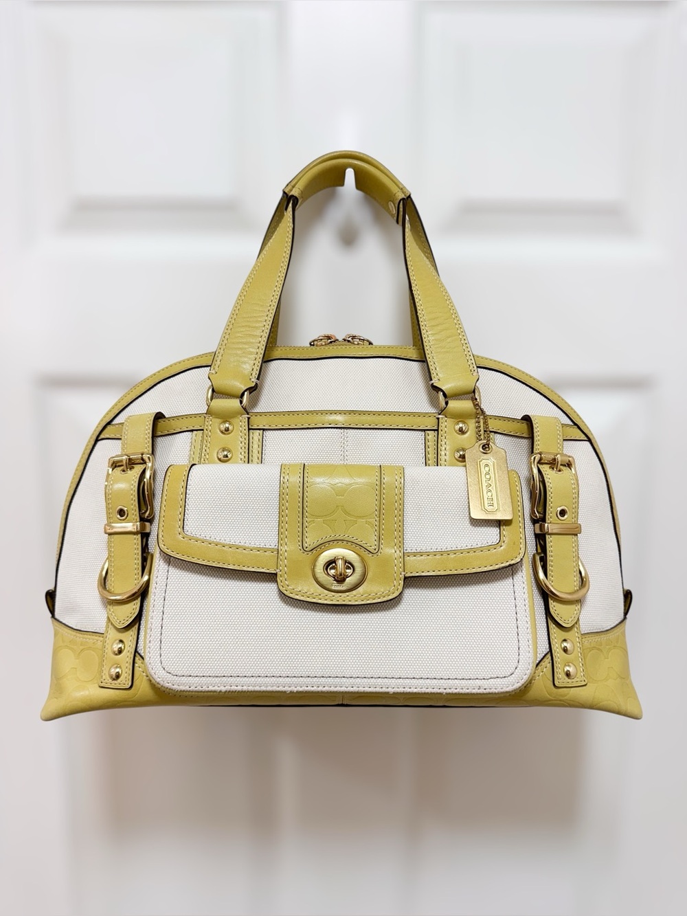 Coach Hamptons Miranda Large Satchel Carryall Ivory Chartreuse Leather 11954